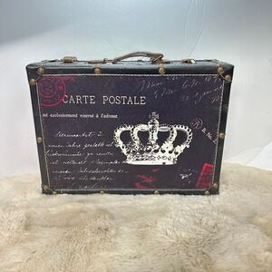 Vintage Style Carte Postale Crown Decorative Suitcase Trunk Storage Box Black